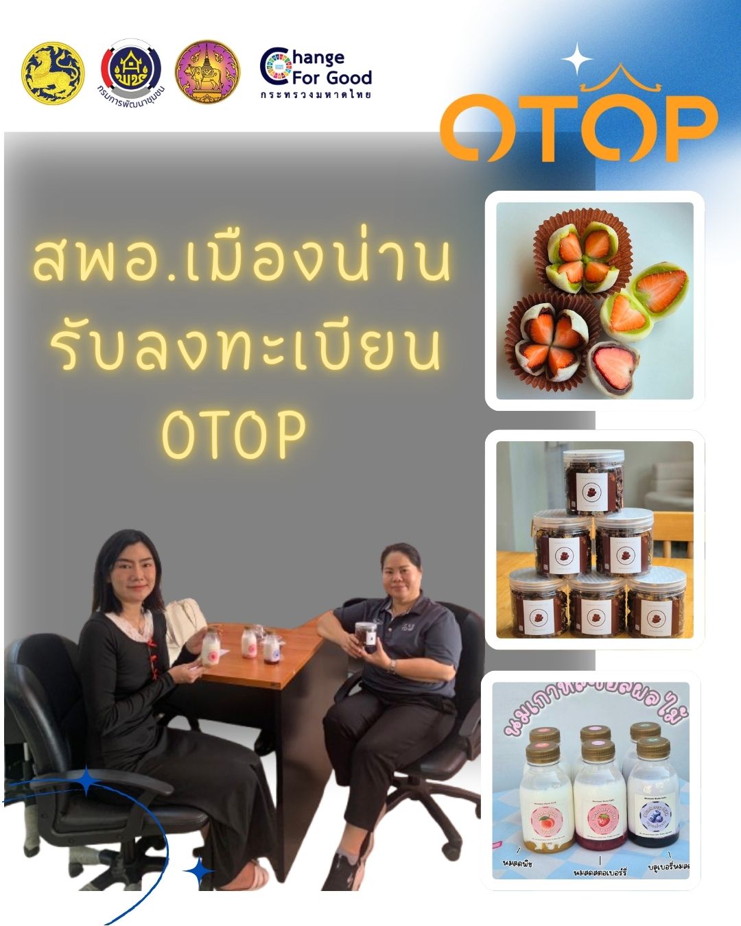 วันที่ 10 เมษายน 2569 สำนักงานพัฒนาชุมชนอำเภอเมืองน่าน ดำเนินการรับลงทะเบียนผู้ผลิต ผู้ประกอบการสินค้า OTOP